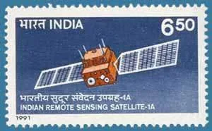 IRS-1A launched: India Post commemorative stamp issued in March 1991 featuring the Indian Remote Sensing Satellite IRS-1A, launched in March 1988. A stamp commemorating the mission, not a photograph of the rocket or spacecraft launch.