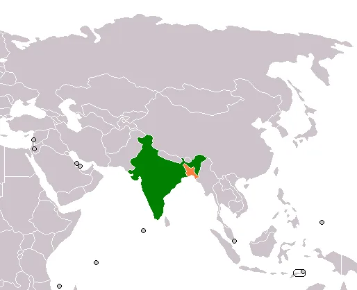 India and Bangladesh sign a friendship treaty: Bilateral locator map drawn in 2008; geographical context for the 1972 India–Bangladesh friendship treaty, not a treaty-signing photograph.