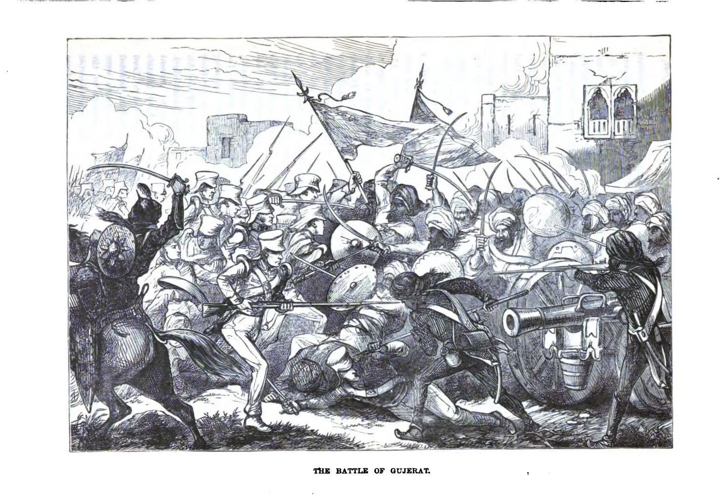 Punjab was formally annexed by the East India Company: Historical illustration of the February 1849 Battle of Gujrat, whose outcome preceded Punjab's annexation the following month; not an annexation ceremony.