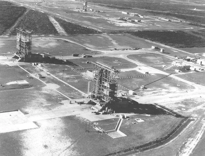 INSAT-1A launched: 1961 U.S. Air Force aerial photograph of Cape Canaveral Launch Complex 17, including pad 17A used for the April 1982 INSAT-1A launch; not an image of INSAT-1A or its launch.