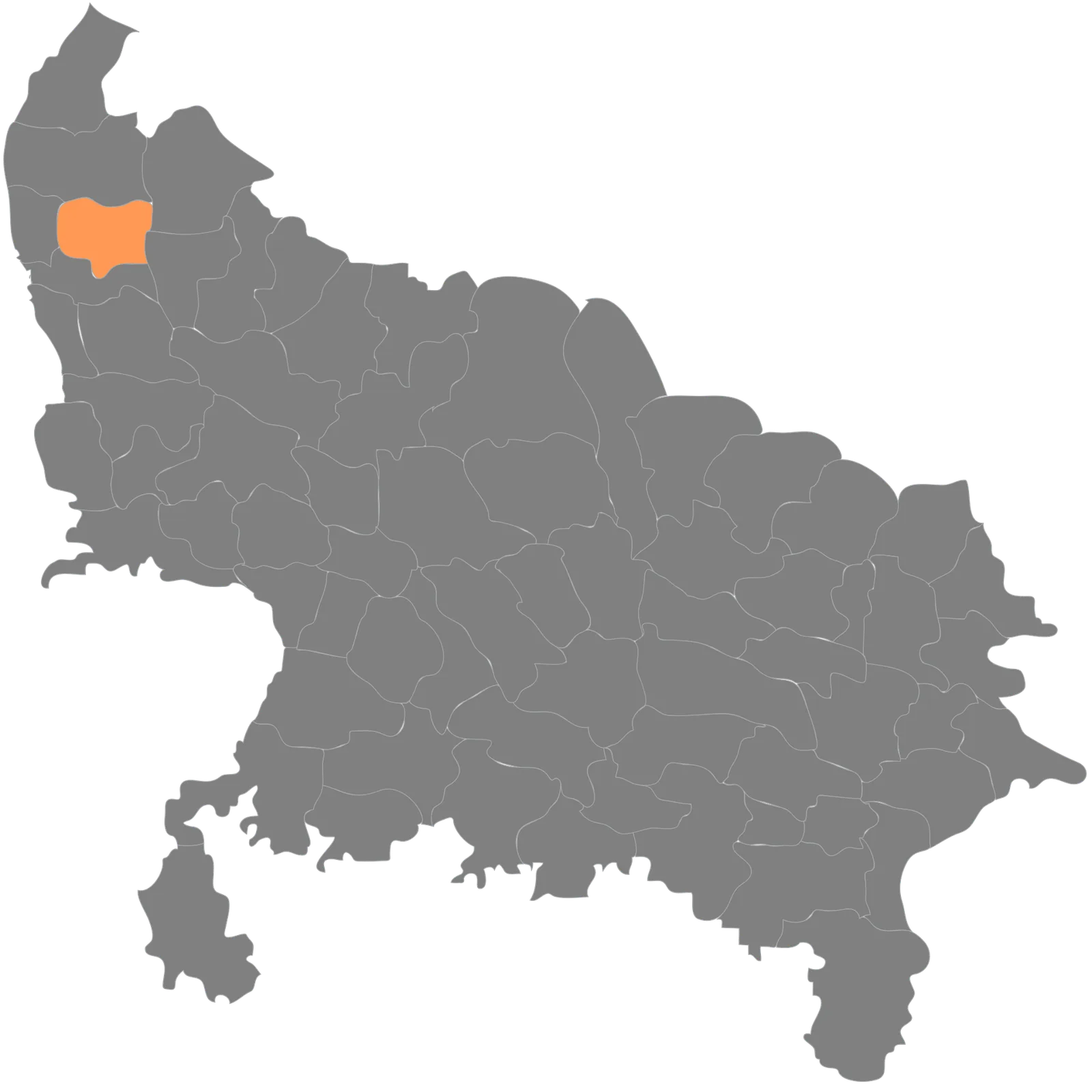 The Brand India Fair Victoria Park fire at Meerut, Uttar Pradesh, India, kills at least 100: 2009 locator map of Meerut district, Uttar Pradesh, the city of the April 2006 Victoria Park fair fire; not a disaster scene. Casualty counts vary across retrospective accounts.