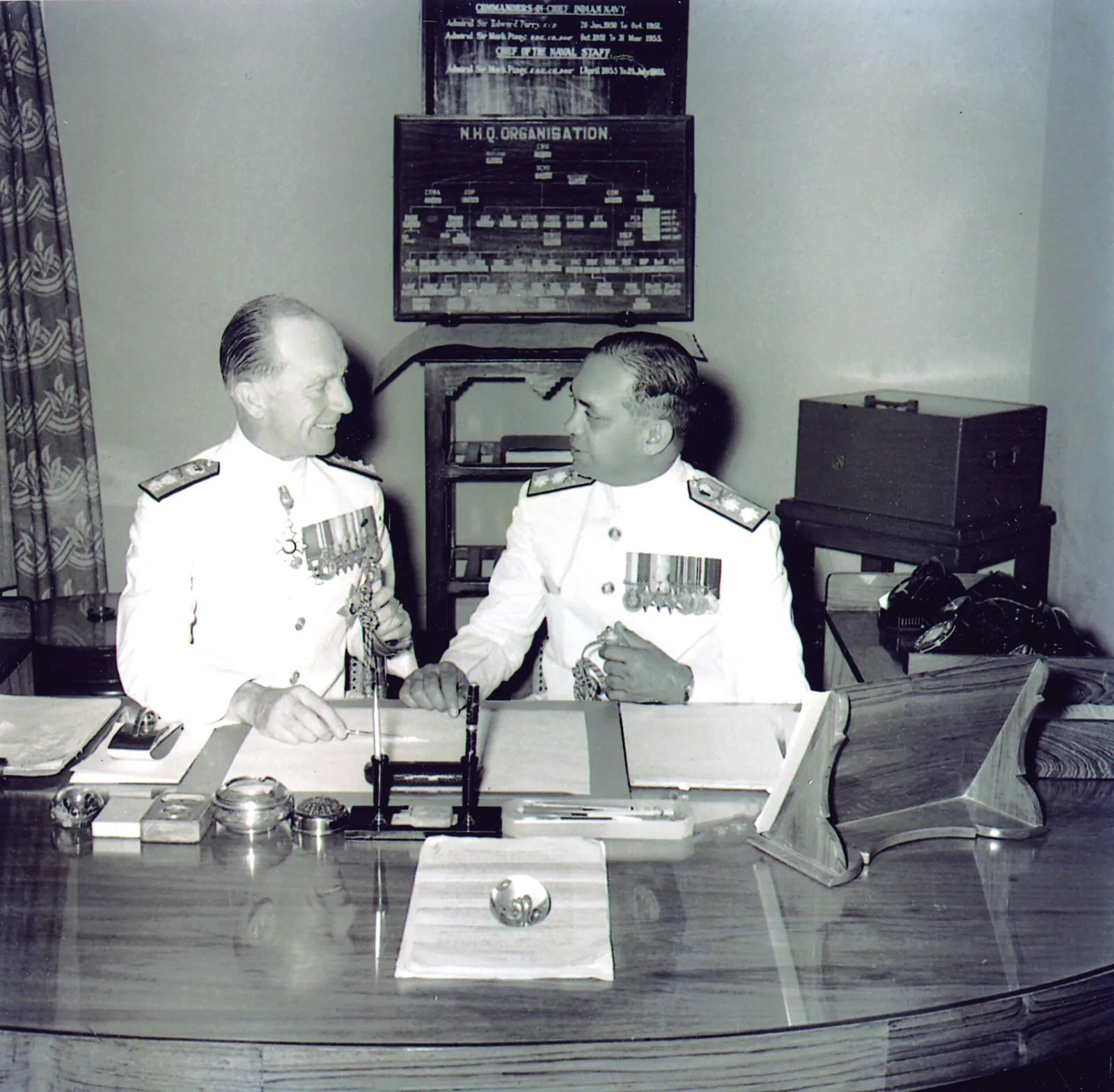 R. D. Katari becomes the first Indian Chief of the Naval Staff: Archival Indian Navy photograph of Admiral R. D. Katari assuming command from Admiral S. H. Carlill on 22 April 1958. Source uploaded online later; photograph documents the historical handover.