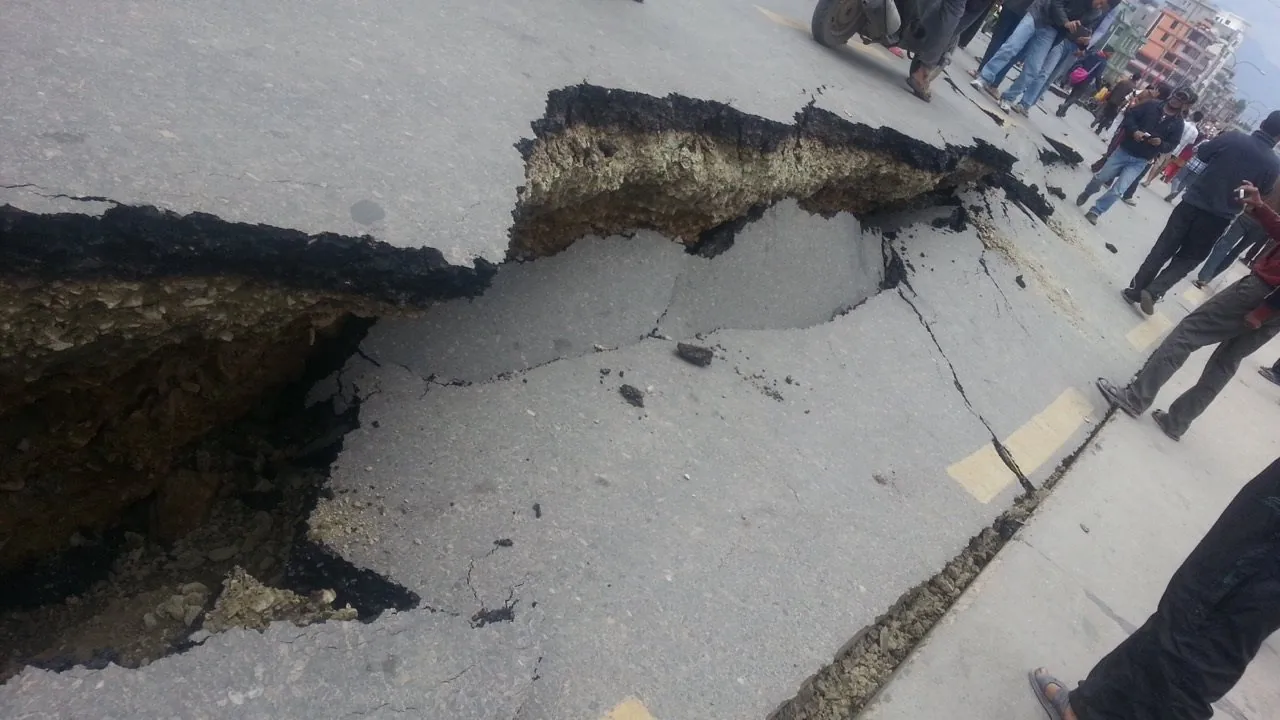 A major earthquake in Nepal, measuring 7: Arniko Highway near Kaushaltar, Bhaktapur photographed on 26 April 2015, the day after the first major Nepal earthquake. Damage shown is the aftermath, not the instant of the quake.