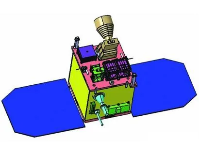 India sets a world record by sending 10 satellites into orbit in a single launch: A render of Indian Mini Satellite-1, one of the ten satellites aboard PSLV-C9 in April 2008. This represents one payload of the ten-satellite mission, not a photograph showing the entire launch or all ten spacecraft.
