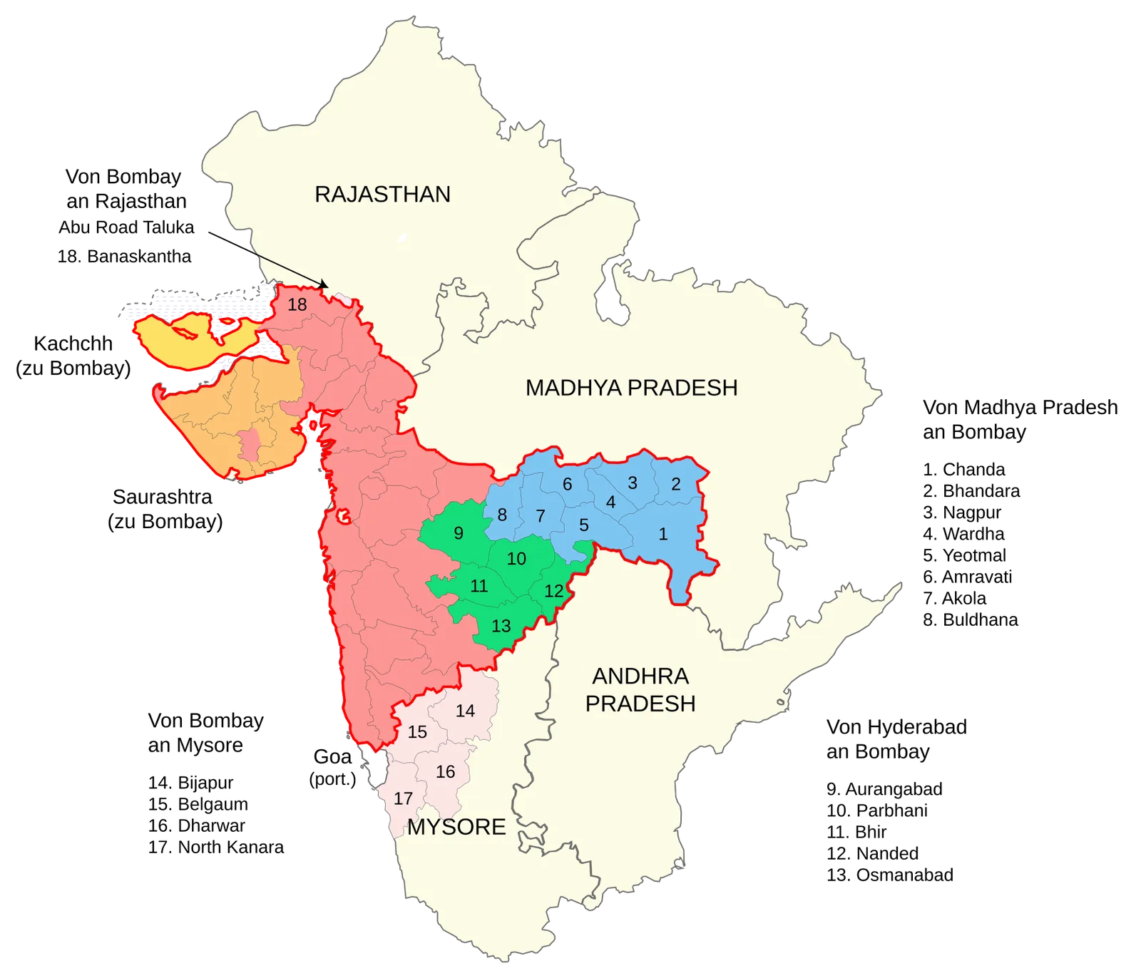 Bombay State is reorganized into Maharashtra and Gujarat: Retrospective German-language historical map depicting Bombay State boundaries from 1956 through 1960, before its partition into Maharashtra and Gujarat. Not a photograph of the May 1960 reorganization ceremony.