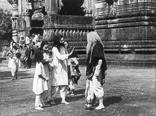 Raja Harishchandra the first full-length Indian feature film was released, marking the beginning…: An actual still from the 1913 film; appropriate for the film-release event.