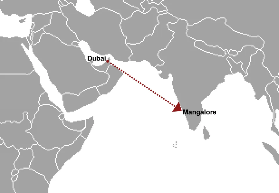 Air India Express Flight 812 overshoots the runway at Mangalore International Airport in India,…: A flight-route drawing showing the path of Air India Express Flight 812, which crashed at Mangalore on 22 May 2010; a route diagram, not crash-site photography.