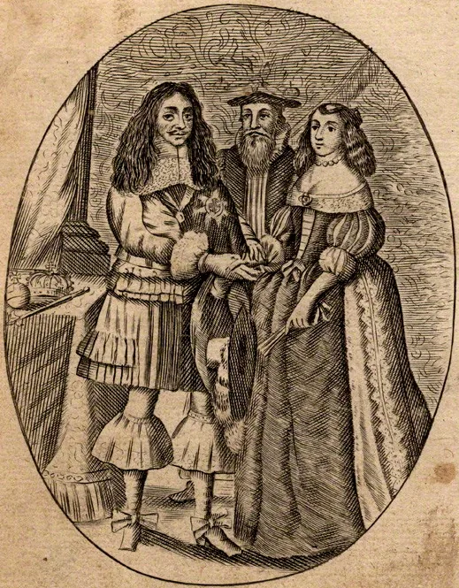 Catherine of Braganza marries Charles II of England: Historical engraving of the wedding of Charles II and Catherine of Braganza, linked to Bombay in her dowry.