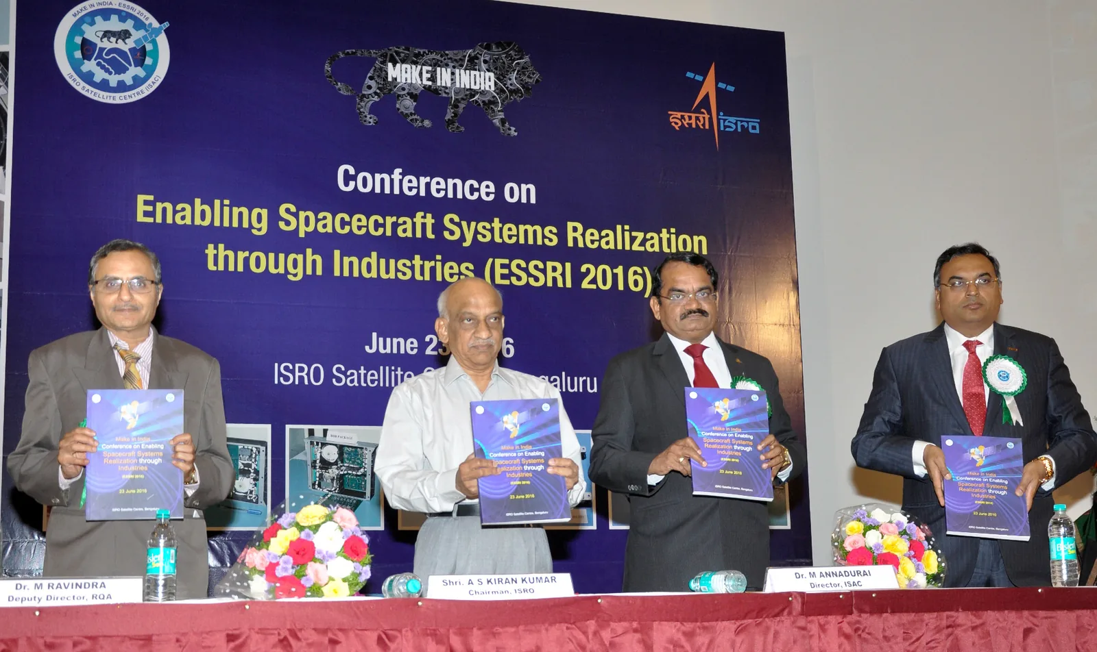 Space Commission and Department of Space set up: Photograph of ISRO leadership during a later Bengaluru spacecraft-industry conference. Context for the Department of Space established in 1972, not the 1972 foundation ceremony.