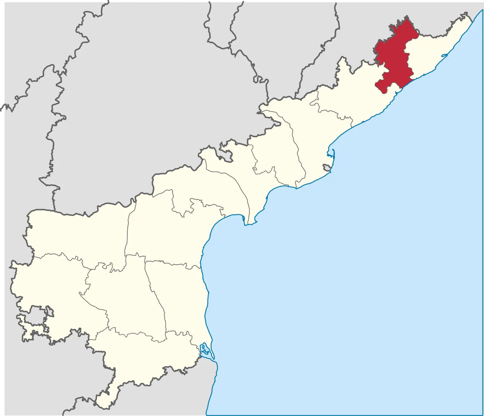 The Vizianagaram district is formed in Andhra Pradesh, India: 2020 locator map for Vizianagaram district, founded in 1979; boundaries are modern, not a founding-era map.