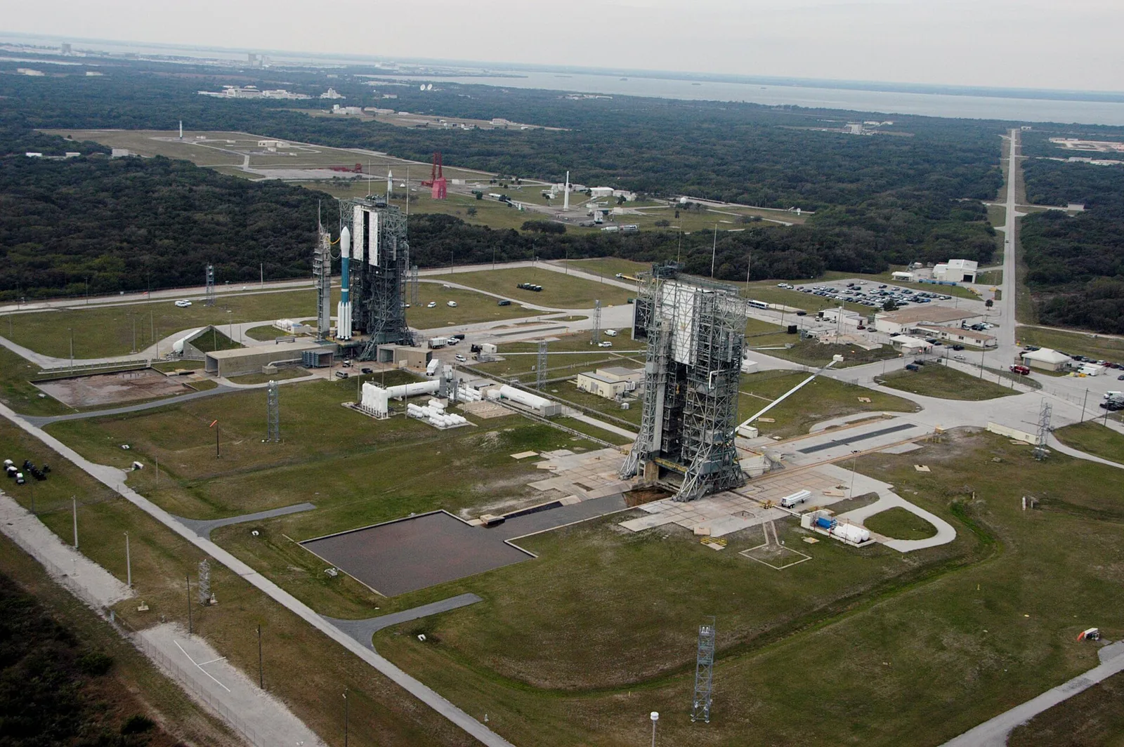 INSAT-1D launched: 2007 NASA aerial photograph of Cape Canaveral pad 17B hosting a different Delta II mission. INSAT-1D launched from this same pad in June 1990 using a Delta 4925; not its launcher or launch.