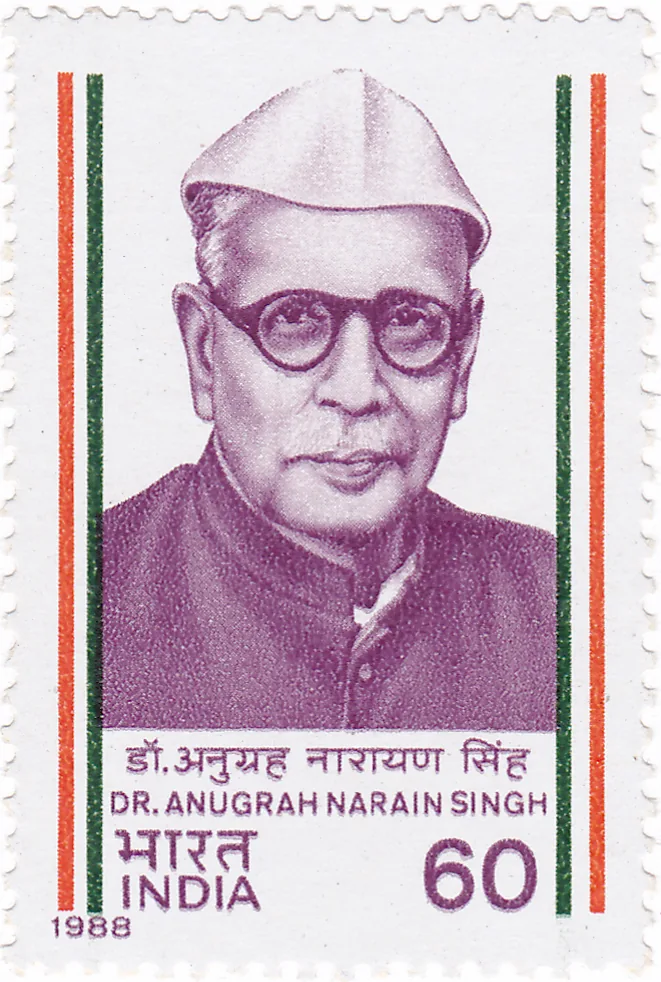Death of Anugrah Narayan Sinha dies: A 1988 Indian postage stamp honoring Anugrah Narayan Sinha; not a photograph of the moment of his death in 1957.