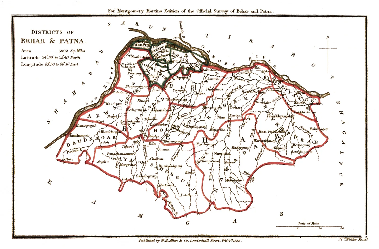 Peer Ali Khan was executed in Patna: 1838 map of the Patna and Behar districts, providing genuine pre-1857 geographical context for Peer Ali Khan's execution in Patna; not an execution scene.