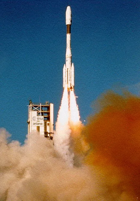 INSAT-2A launched: NASA image showing an Ariane 4 rocket launch. INSAT-2A launched in July 1992 aboard an Ariane 4, but the image is not verified as that particular mission.