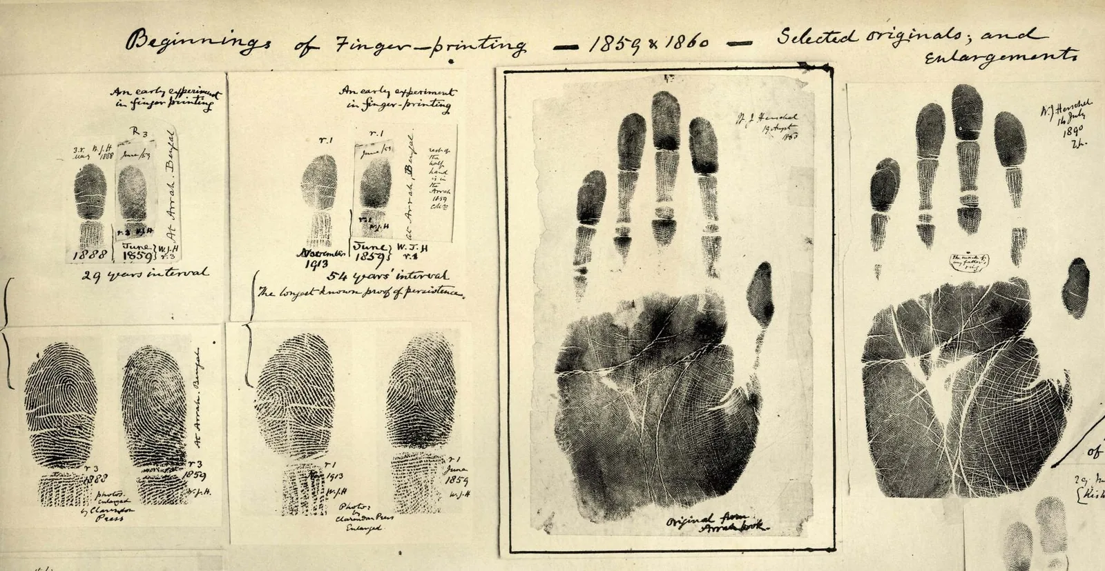 In Bengal/India, British officer William James Herschel uses the hand impression of Rajyadhar…: Historic fingerprint impressions made by William James Herschel in 1859–1860, following his earlier 1858 use of handprints in India. The sample is from 1859–60, not necessarily Rajyadhar Konai's 1858 contract.
