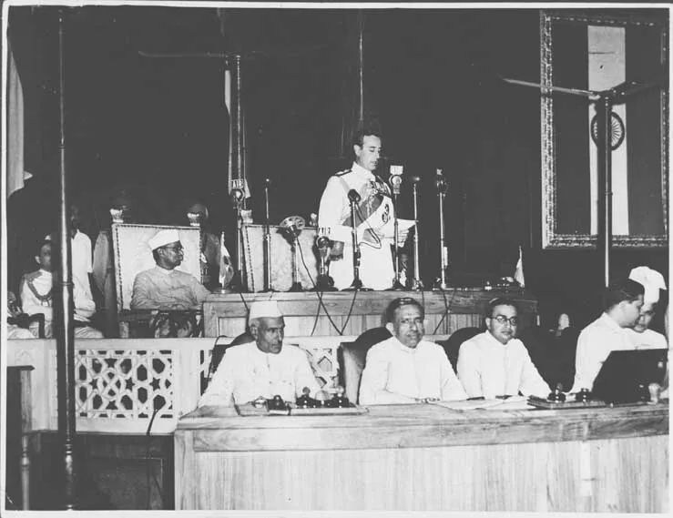 Louis Mountbatten becomes the first Governor General of India: Actual photograph of Lord Mountbatten addressing India's Constituent Assembly on Independence Day, 15 August 1947, when he served as the first Governor-General; not the specific formal appointment document.