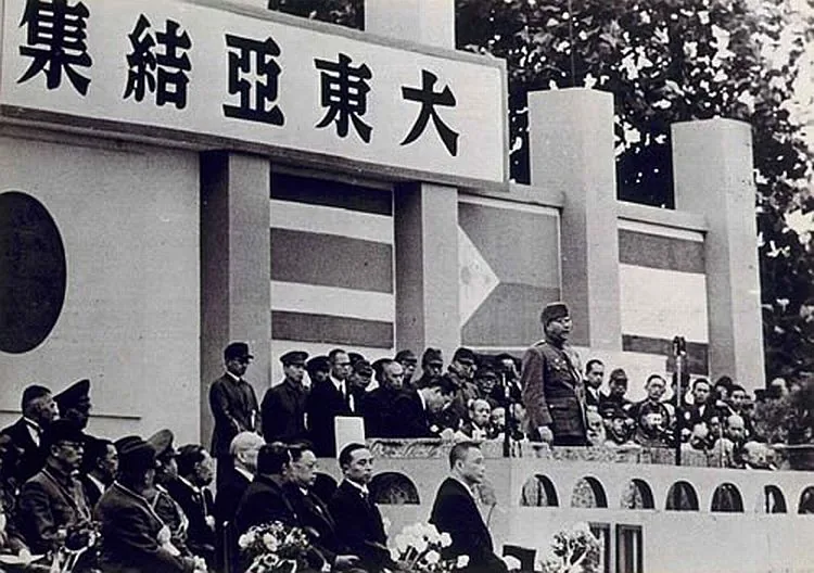 The plane crash associated with Subhas Chandra Bose’s reported death occurred at Taihoku: November 1943 historical photograph of Subhas Chandra Bose addressing a conference in Tokyo; not the alleged 1945 Taihoku air crash. Do not imply his disputed death is proven.