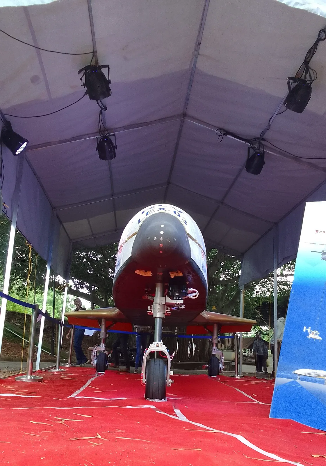 India observes its first National Space Day: ISRO Pushpak test vehicle exhibited in Thiruvananthapuram in August 2024 during National Space Day-related displays; this image was taken 17 August, before the observed day on 23 August.