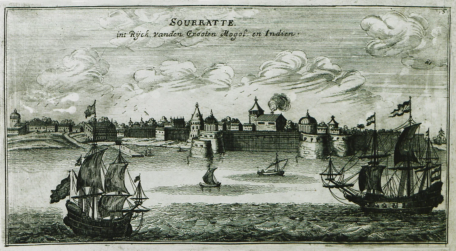 The first official English representative to India lands at Surat: Engraving of Surat published in 1690, illustrating the trading port eight decades after the English representative's arrival in 1608; not a portrayal of his landing.