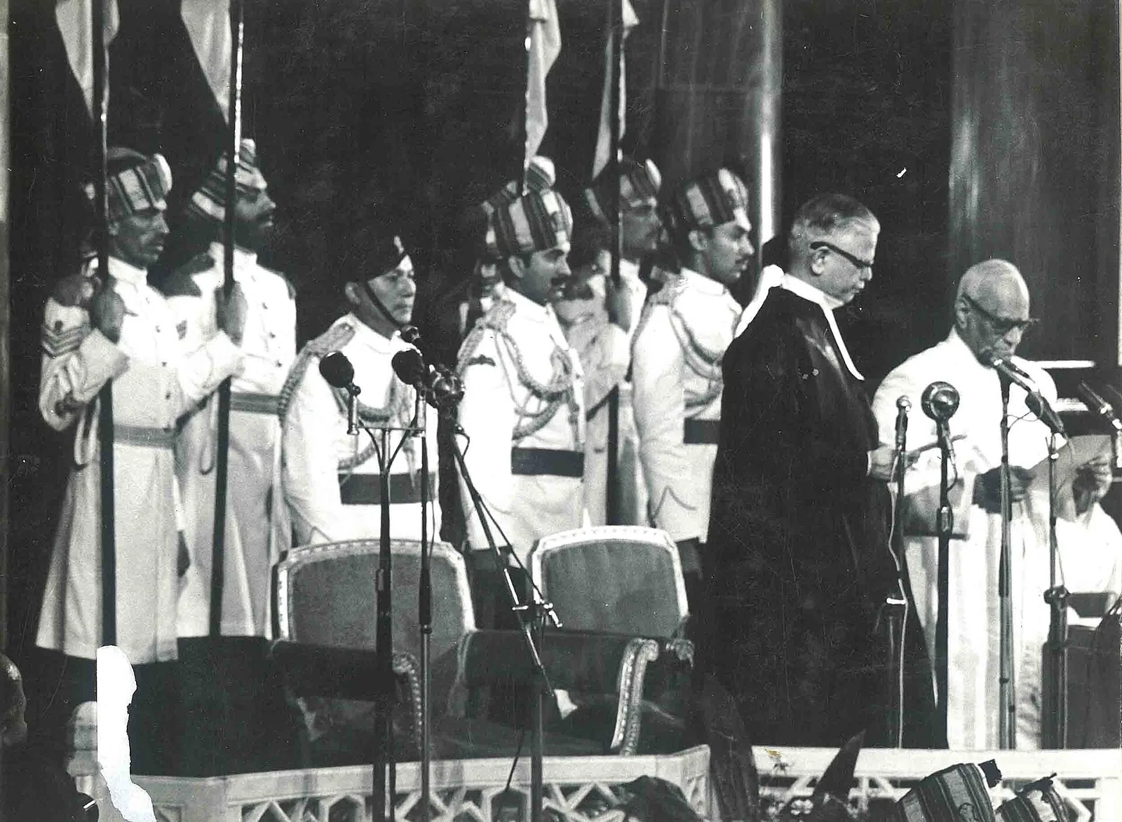 V. V. Giri begins his term as President of India: Photograph of V. V. Giri taking oath as President of India at Parliament House in 1969. The archive describes it as the swearing-in ceremony.