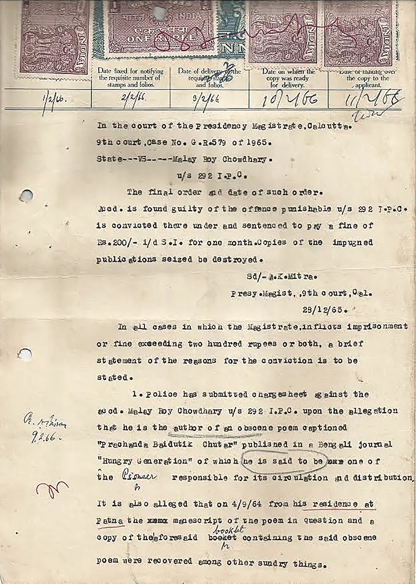 Indian Hungry generation poets are arrested on charges of conspiracy against the State and…: 1965 court-sentence document connected with the Hungryalist obscenity case; subsequent legal proceeding, not the 1964 arrests.