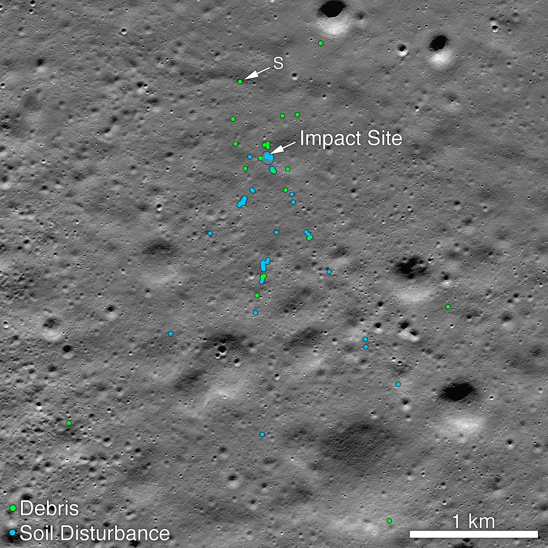 ISRO lost contact with the Chandrayaan-2 Vikram lander during its descent: NASA Lunar Reconnaissance Orbiter image highlighting debris and impact ejecta associated with the Chandrayaan-2 Vikram lander's loss during its September 2019 descent. The orbital image was released later in December 2019.