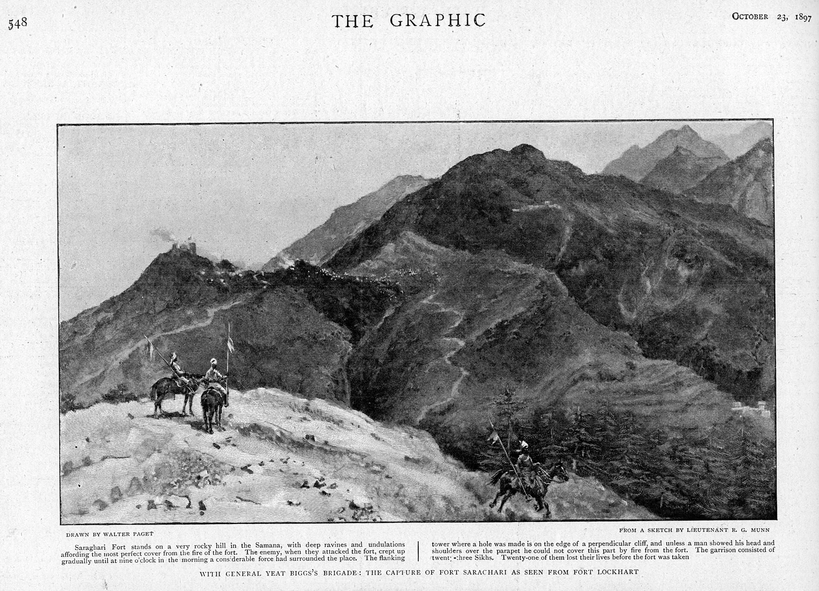 The Battle of Saragarhi one of history's most famous last stands was fought between twenty-one…: Contemporary illustrated newspaper depiction based on a witness sketch; not a battlefield photograph.