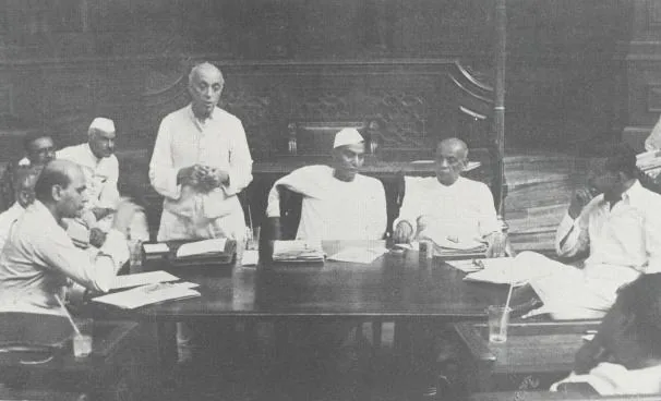 Constituent Assembly adopts Hindi as the Official Language of the Union: Archival photograph of Nehru at a Constituent Assembly committee meeting in 1949. It is context for the Assembly's adoption of Hindi as an official language, not a verified photo of that particular vote.