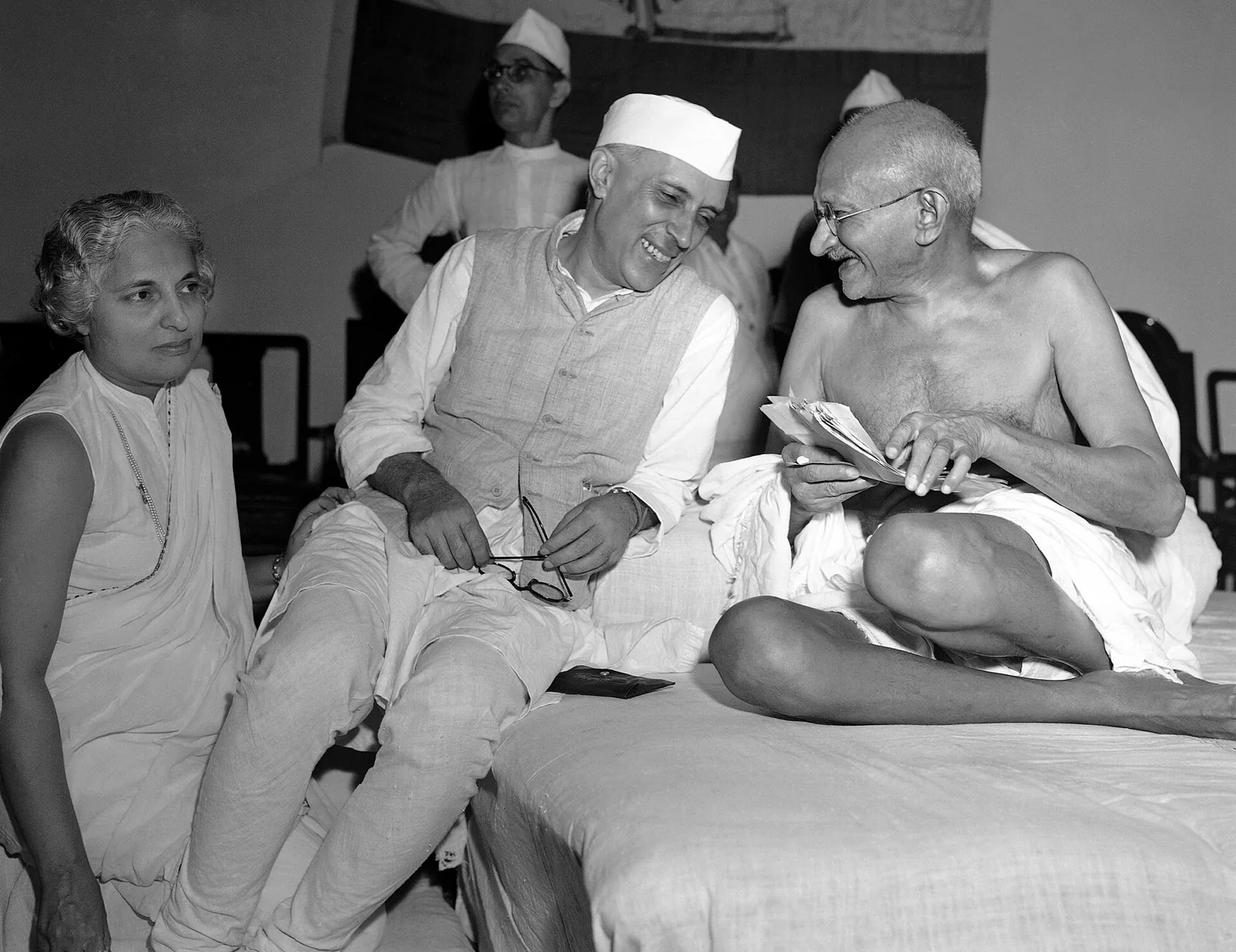 Mohandas Gandhi and Jawaharlal Nehru demand that all British troops depart India: Gandhi and Nehru at an All India Congress meeting in Bombay on 6 July 1946; provides later political context for the 1945 demand for British military withdrawal, not a photo of that exact demand.