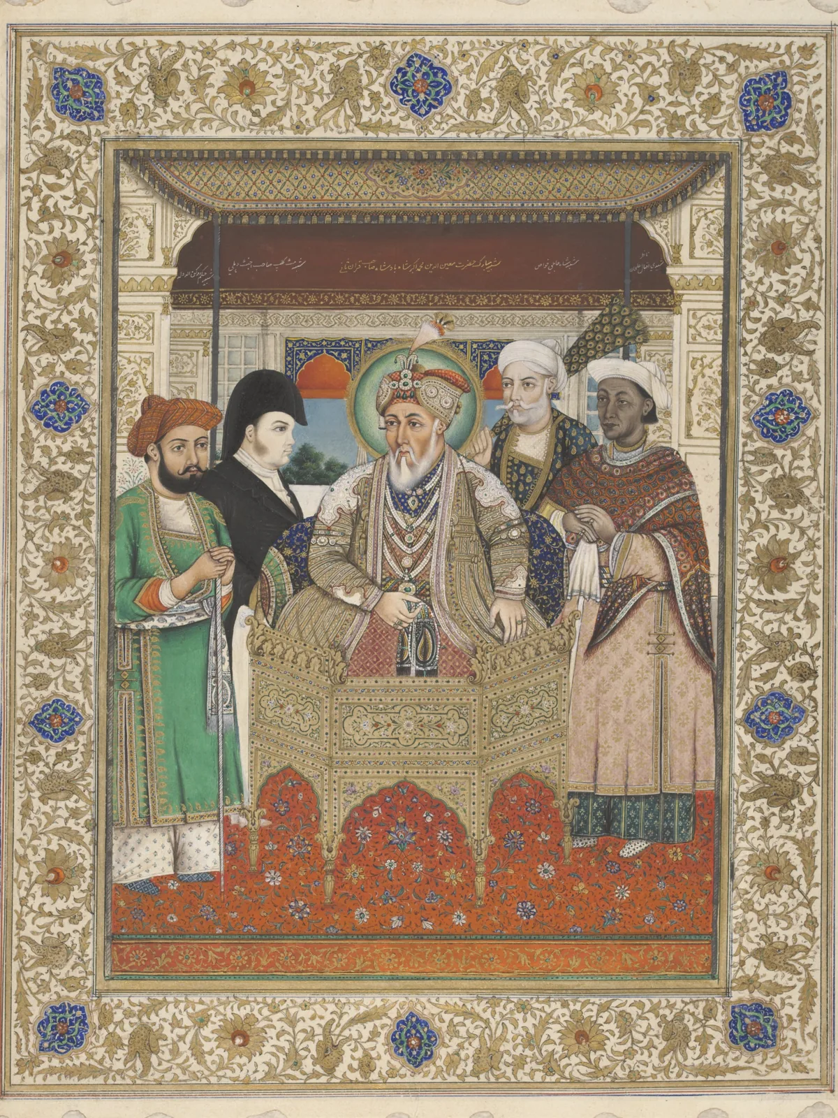 Death of Akbar Shah II: Portrait of Akbar Shah II with court dignitaries, painted circa 1825; represents the emperor in life, not his death in 1837.