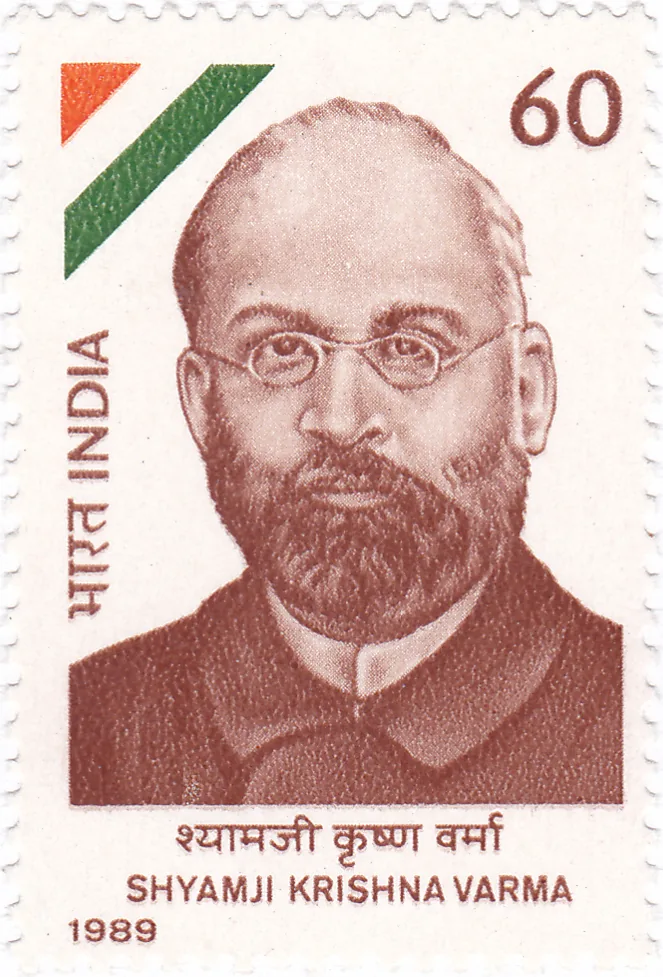 Birth of Shyamji Krishna Varma is born: A 1989 stamp honoring Shyamji Krishna Varma, not an image from his 1857 birth.