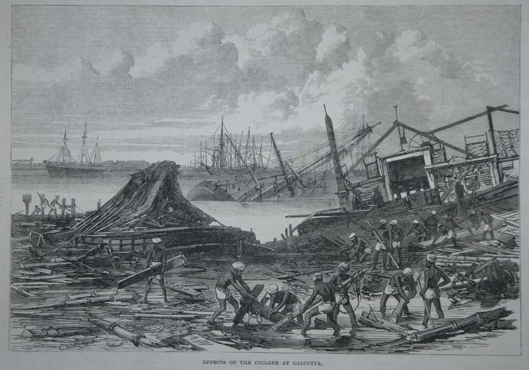 A cyclone kills 70,000 in Calcutta, India: Illustration published by the Illustrated London News in 1864 showing effects of the devastating October 1864 Calcutta cyclone; contemporaneous historical representation, not a photograph.