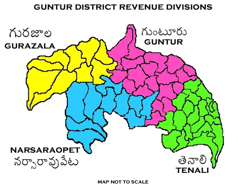 Birth of Moturu Udayam: 2015 administrative map of the Guntur district area where women's activist Moturu Udayam was born in 1924; boundaries are later and she is not depicted.