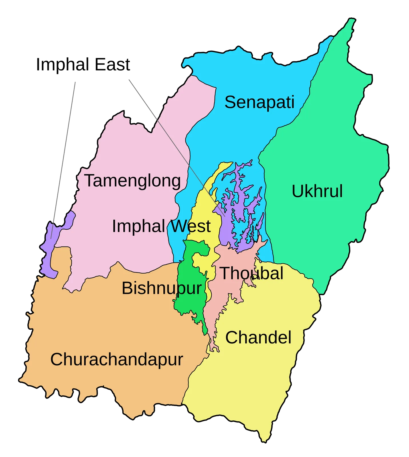 The burning of Mombi marked the outbreak of the Anglo-Kuki War: Modern map of Manipur's 2011 district boundaries, contextualizing the geographic region of the Anglo-Kuki War (1917–1919), not a map of wartime boundaries.