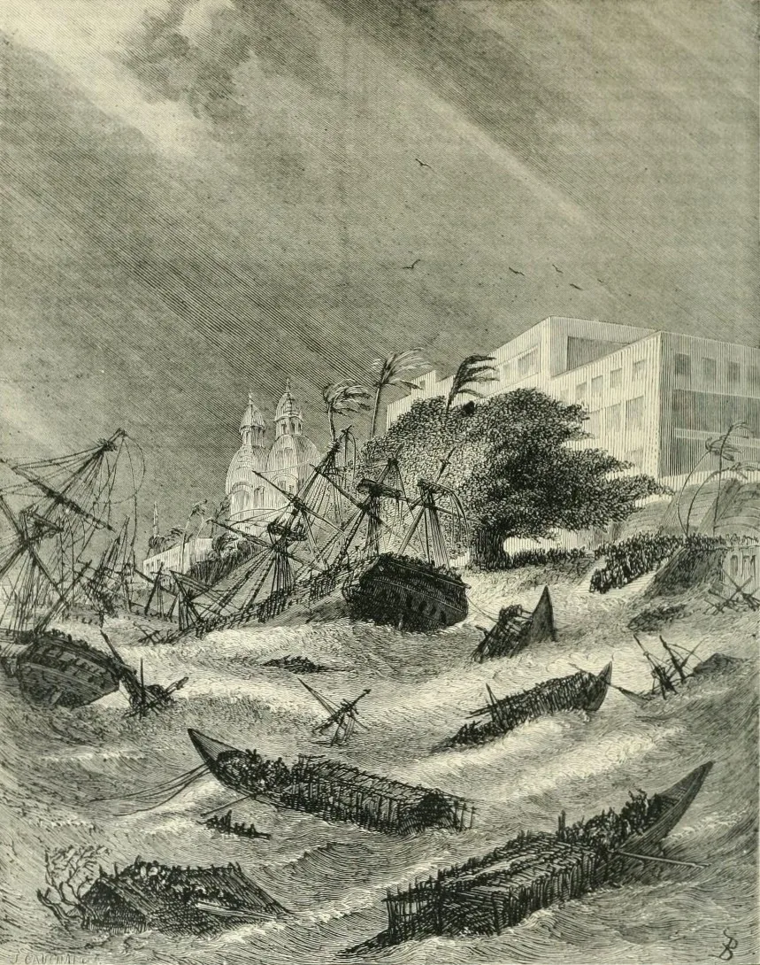 The Great Backerganj cyclone struck the Bengal delta in British India, causing catastrophic loss…: Nineteenth-century illustration of cyclone conditions in Calcutta in 1876. The Great Backerganj cyclone struck elsewhere in the Bengal delta that year; this is regional context, not an exact-event image.