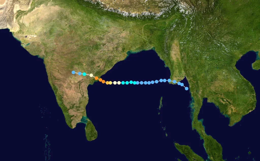A devastating category 4 Cyclone strikes Andhra Pradesh, India: Track map of the 1996 Andhra Pradesh cyclone (Cyclone 07B); a later scientific reconstruction of storm movement, not storm-damage photography.