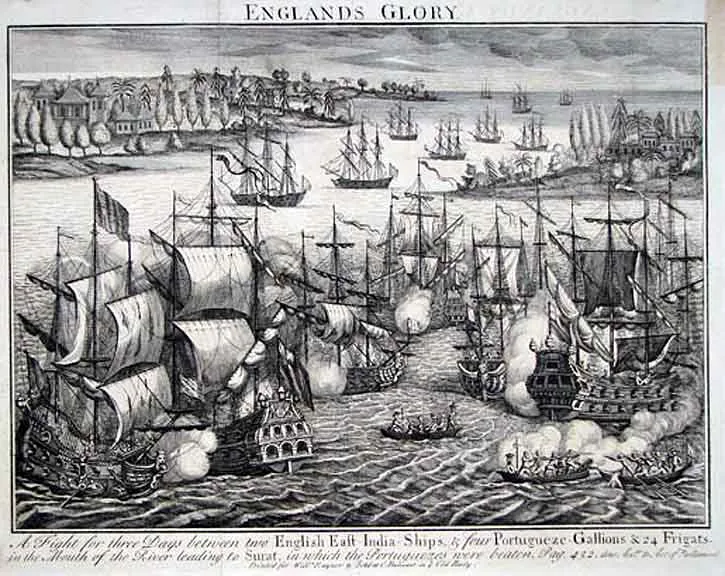 Battle of Swally: Later historical engraving illustrating the 1612 naval Battle of Swally.