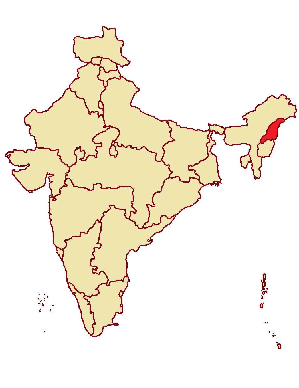 Nagaland is inaugurated as the 16th state of India: Retrospective map of India in 1964–65 highlighting Nagaland after the state was inaugurated in 1963. Modern reconstruction, not an original 1963 government map.
