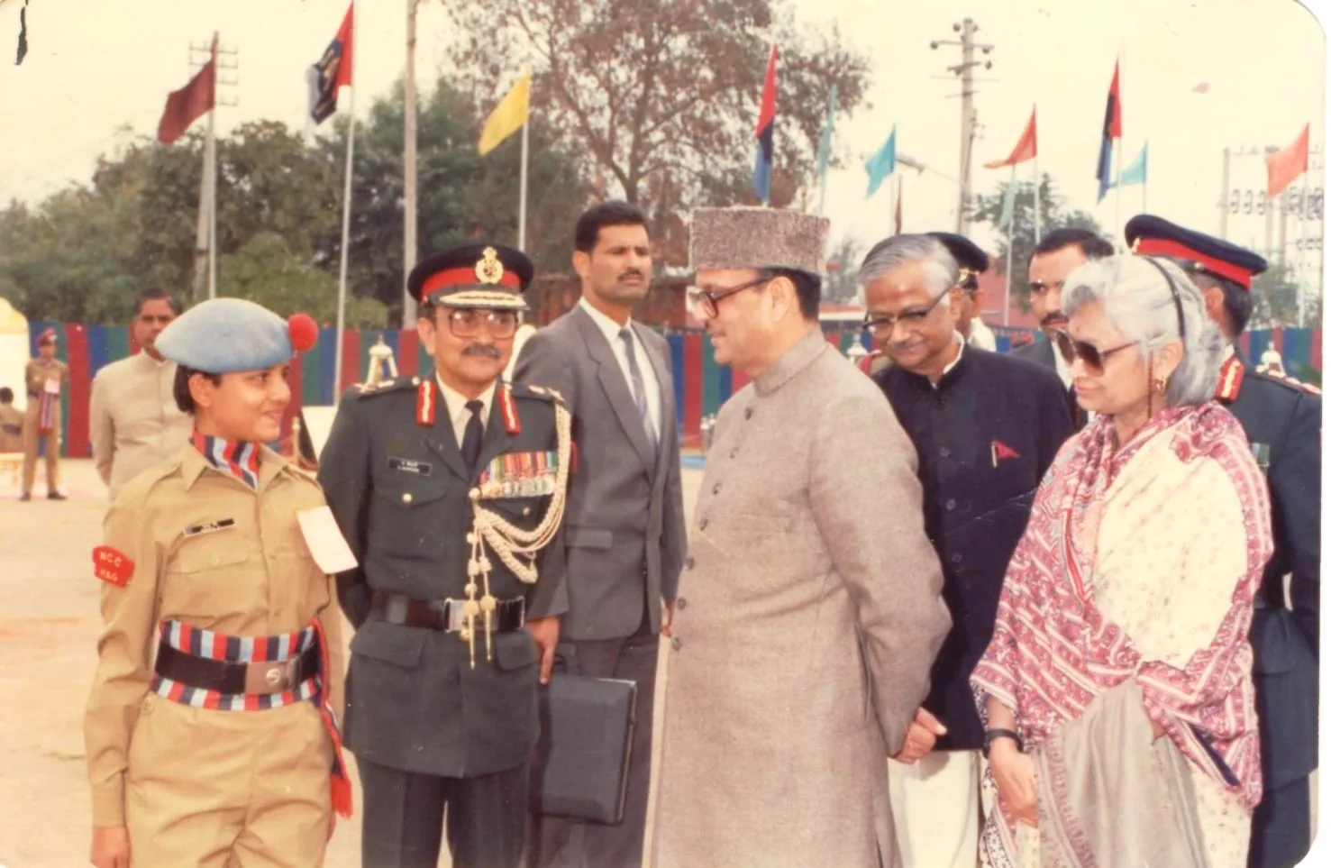 V. P. Singh begins his term as Prime Minister of India: January 1990 group photograph featuring Prime Minister V. P. Singh and cadet D. Roopa, following his late-1989 appointment; not the oath ceremony.