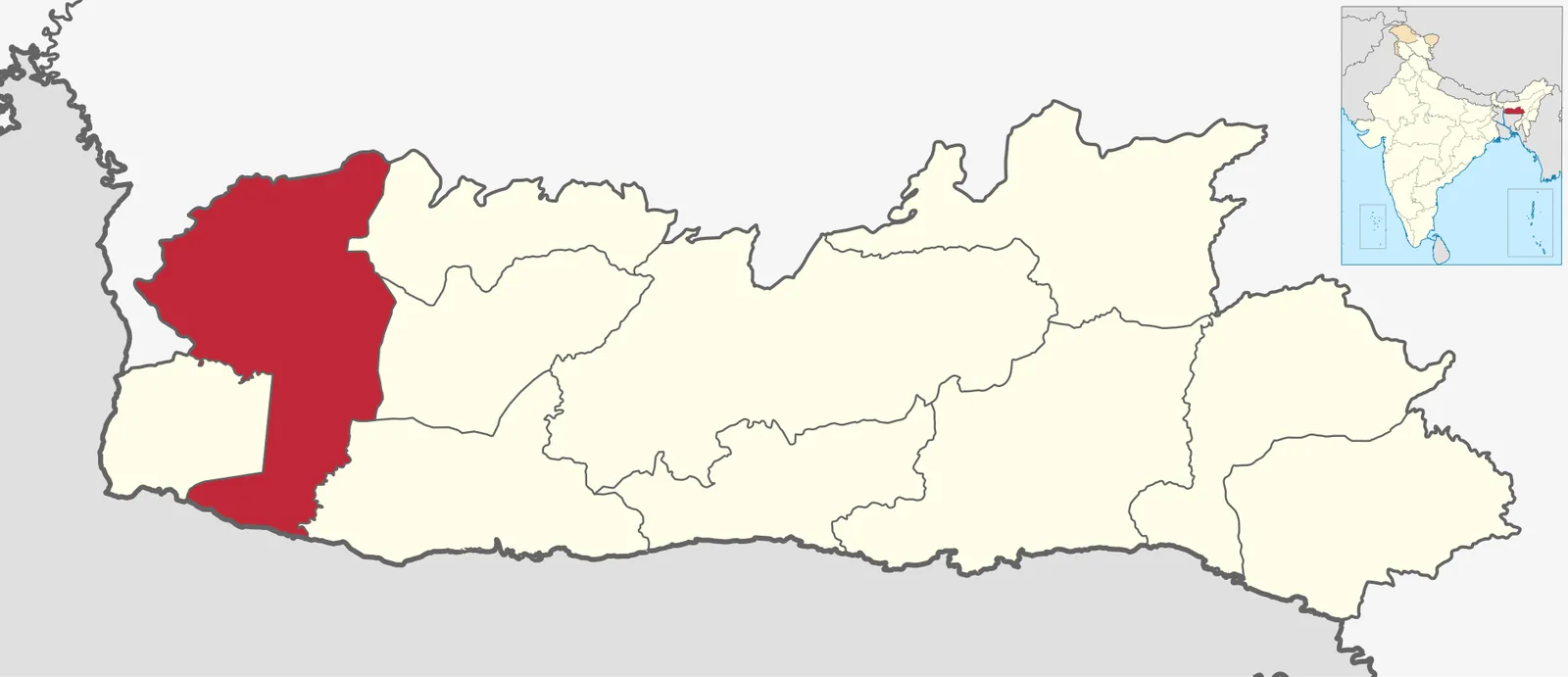 Pa Togan Nengminza and Garo fighters attacked a British camp in the Garo Hills: Modern 2021 location map identifying the West Garo Hills region connected to Pa Togan Nengminza's 1872 anti-colonial resistance; boundaries are not those of 1872.