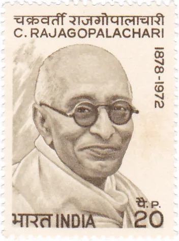 Death of C. Rajagopalachari: A 1973 Rajagopalachari stamp, issued after his death in 1972; retrospective portrait, not a death photograph.