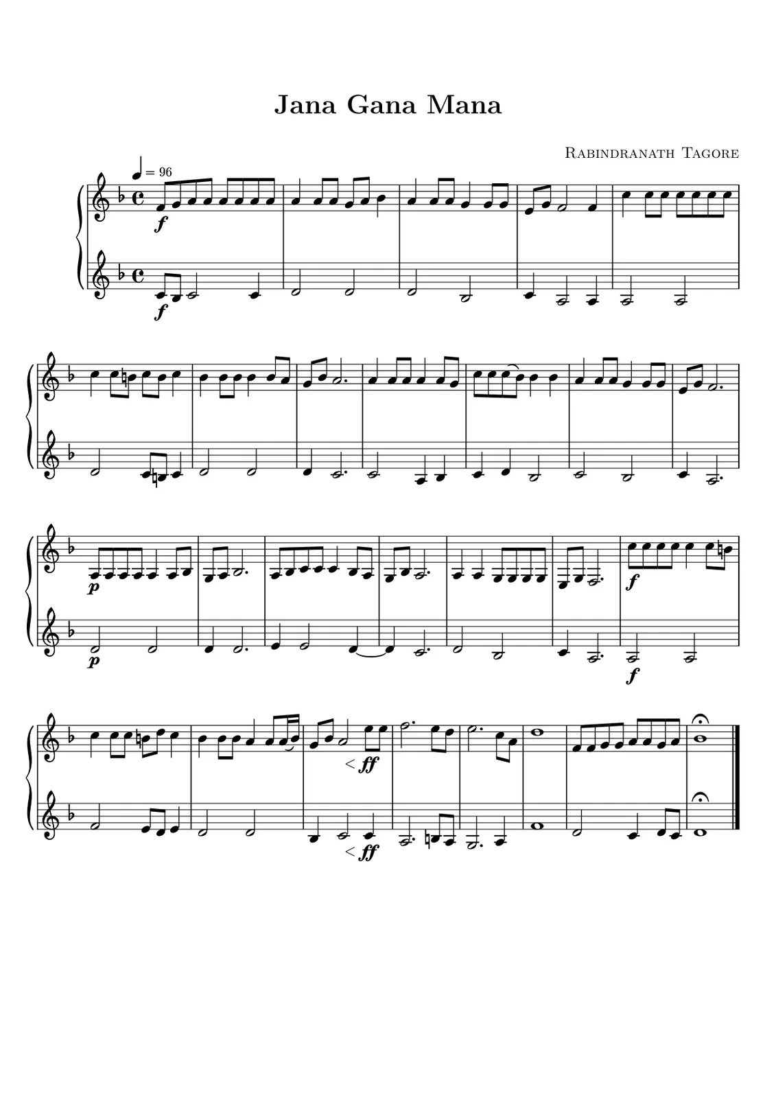 “Jana Gana Mana” first sung: Sheet music for Rabindranath Tagore's Jana Gana Mana, associated with its 1911 composition and first public performance. This musical notation is not a photograph of the first performance.