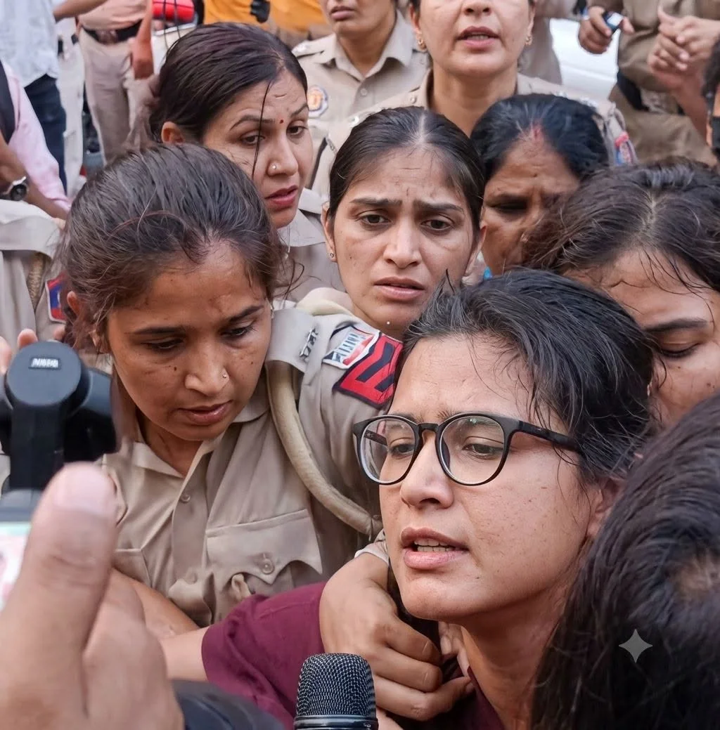 Delhi electoral-roll protest: user-authorized photograph of demonstrators and police; exact capture date and venue not independently established